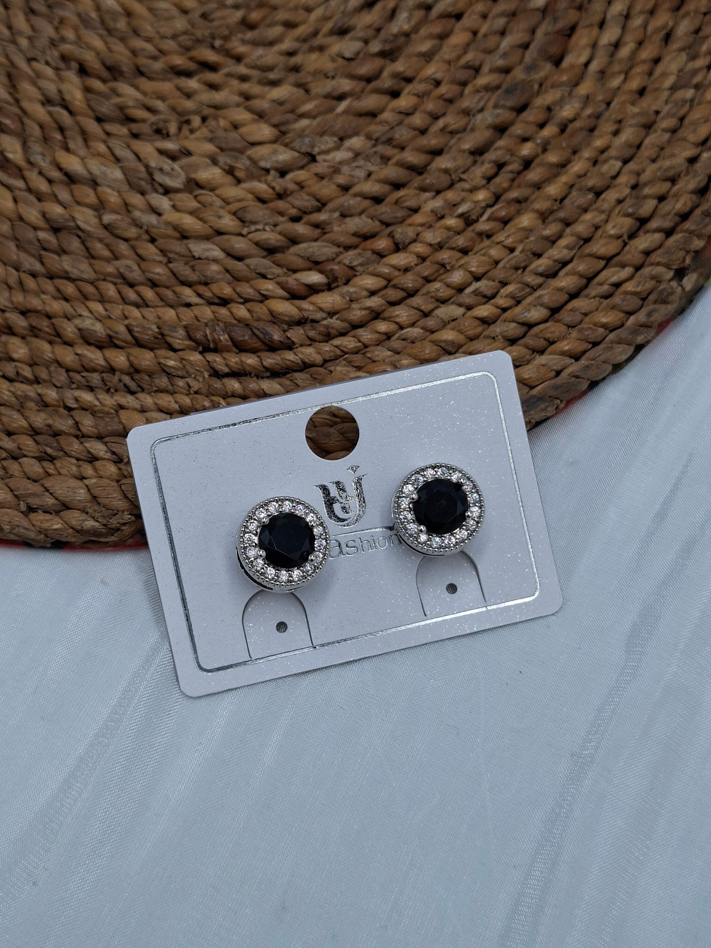 Round Silver and Black Zirconia Clip On Earrings