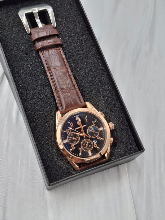 Brown and Rose Gold Leather Poedagar Wristwatch