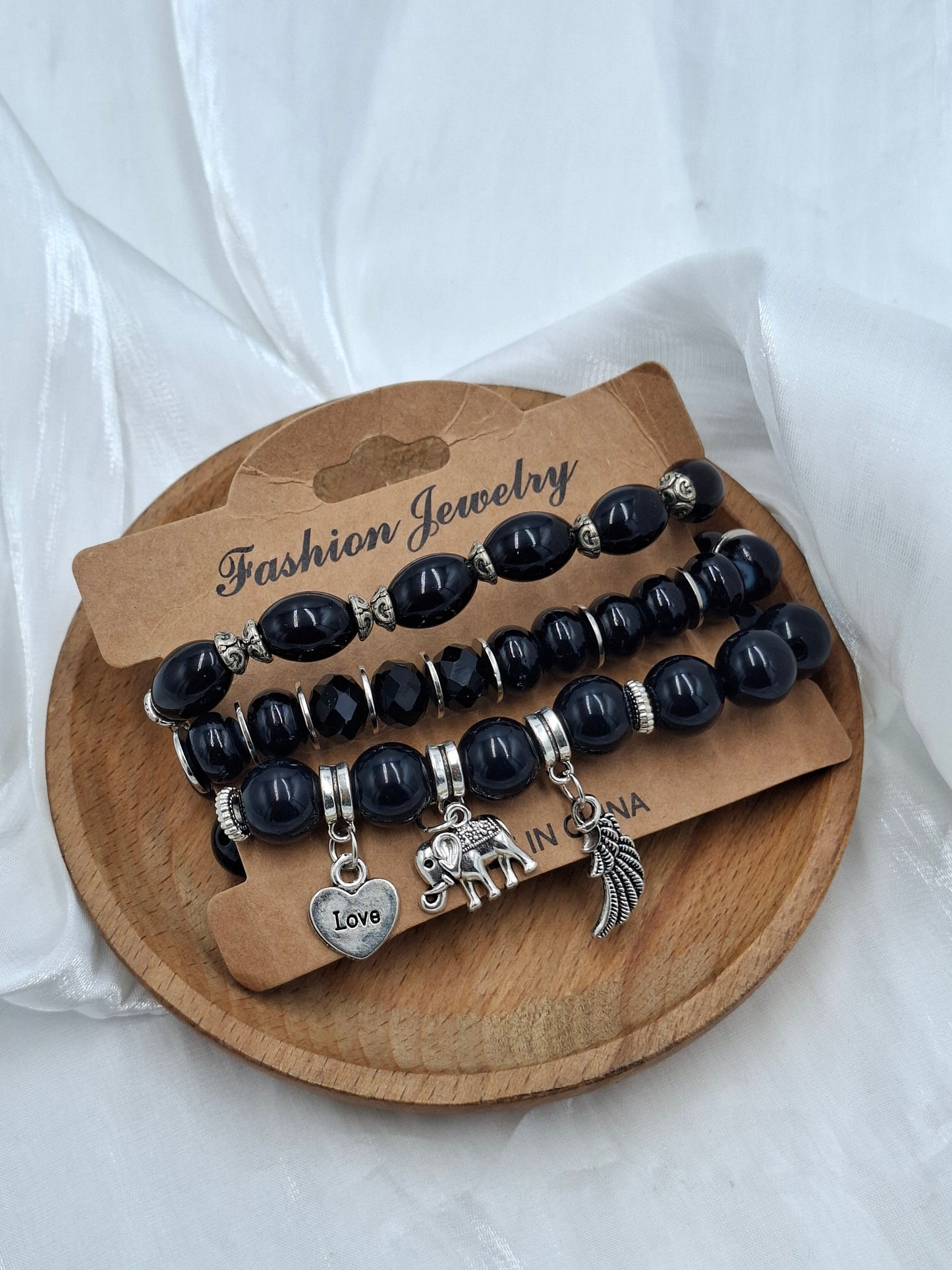 Glossy Black Bead Bracelet Stack