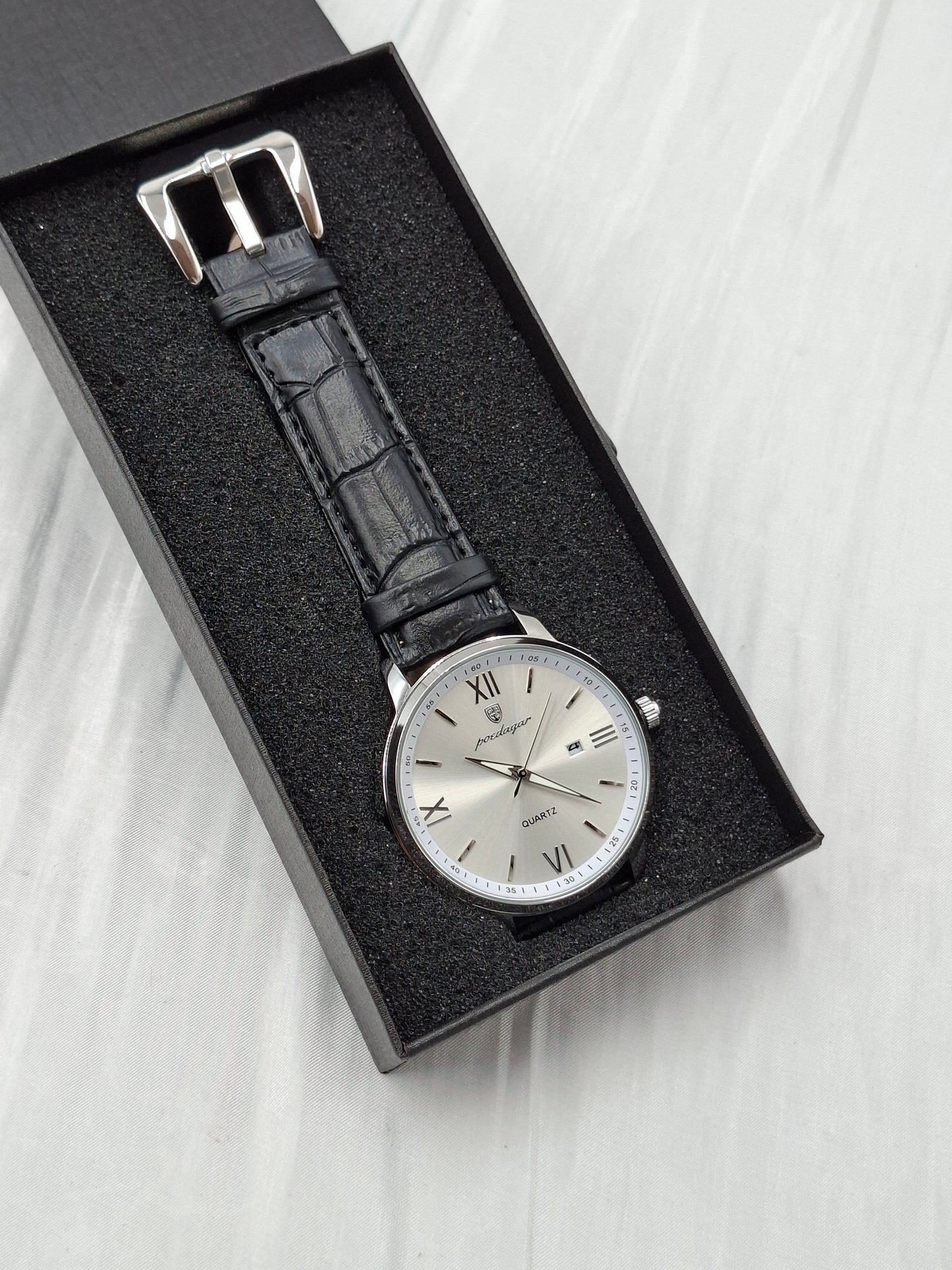 Black and Silver Leather Poedagar Wristwatch