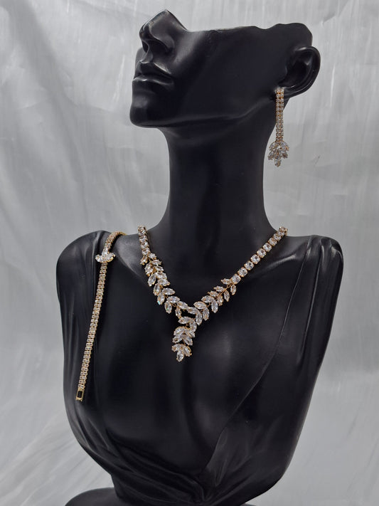 Gold Leaf CZ Necklace Set