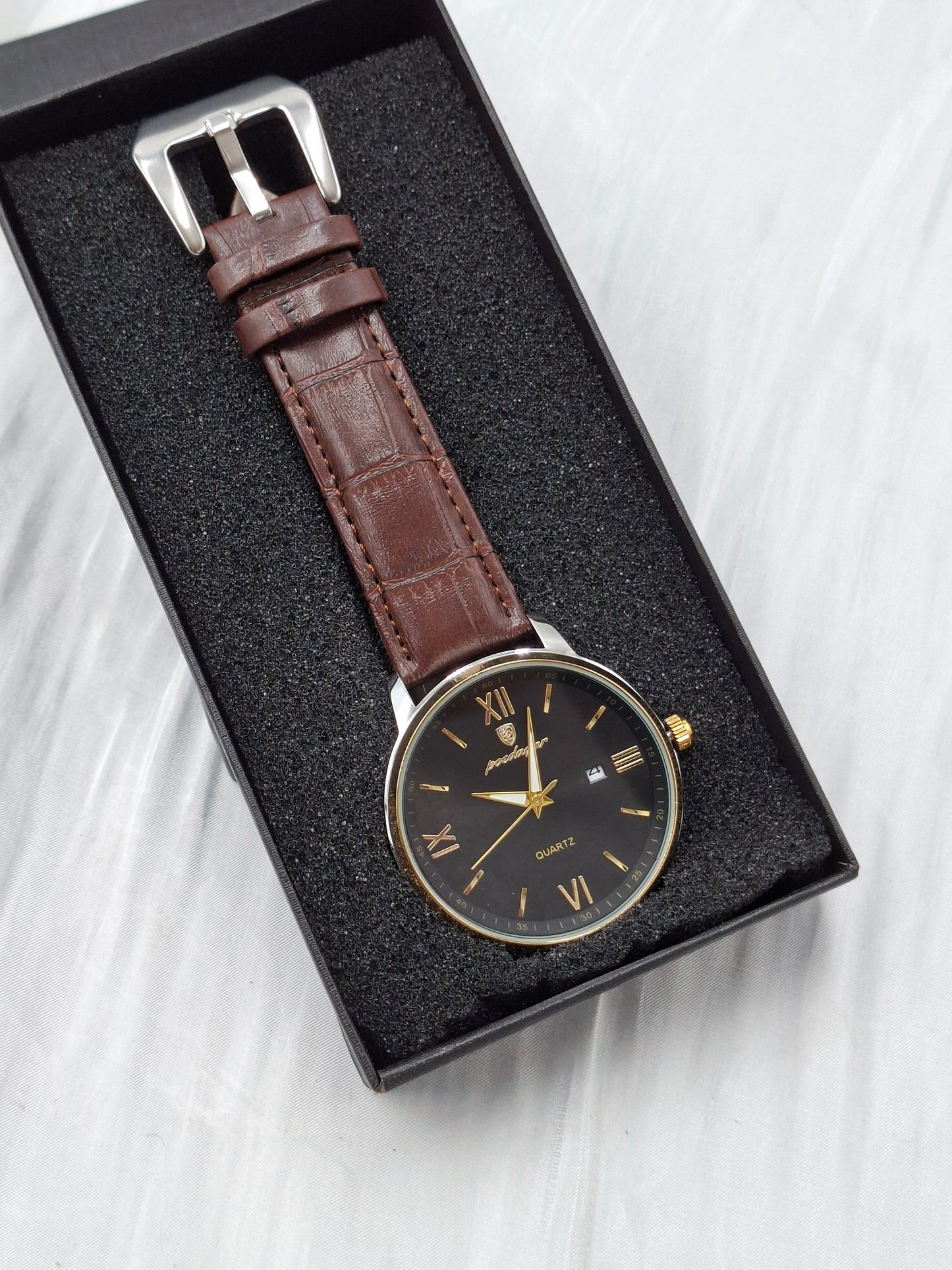 Brown and Silver Leather Poedagar Wristwatch