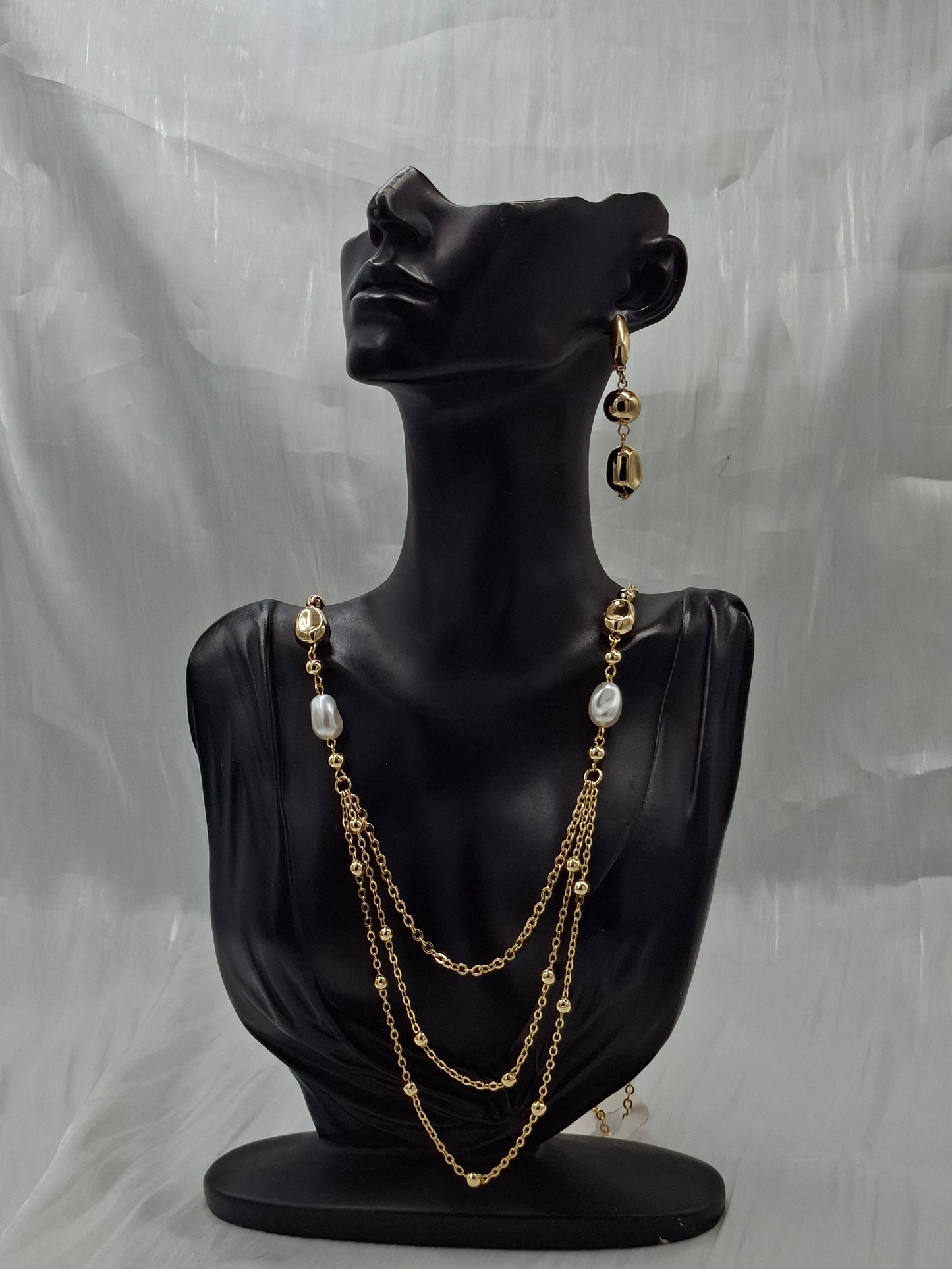 Long Gold Pearl Necklace Set