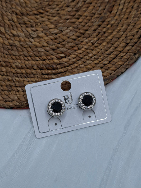 Round Silver and Black Zirconia Clip On Earrings