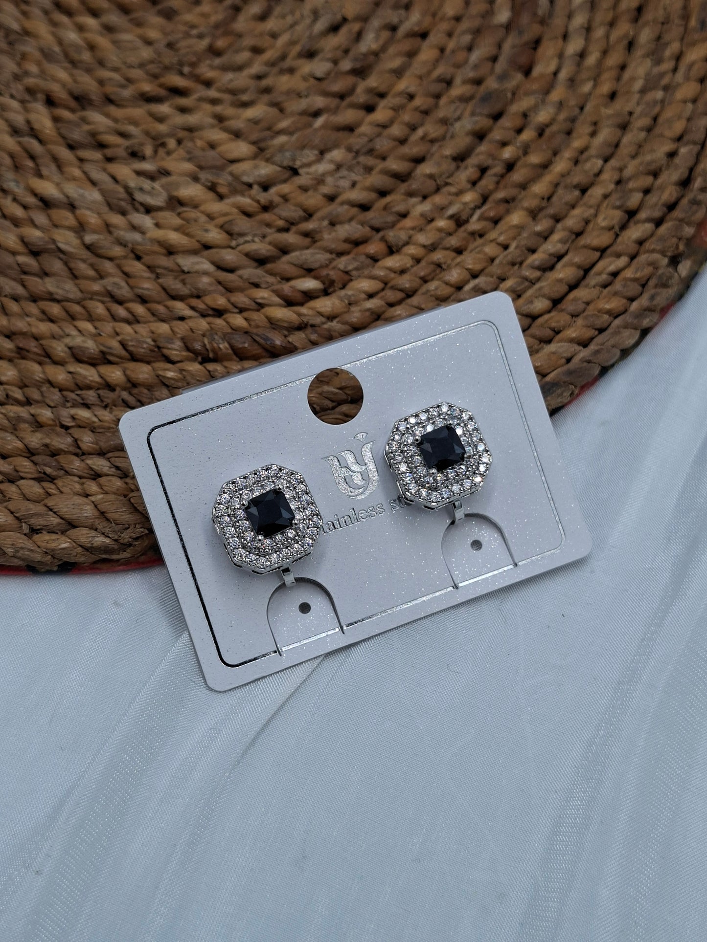 Square Silver and Black Zirconia Clip On Earrings