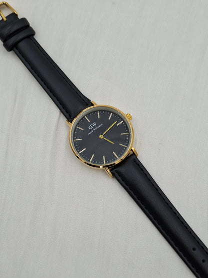 Buy Black/Gold Leather Unisex Wristwatch at ElsaLagos
