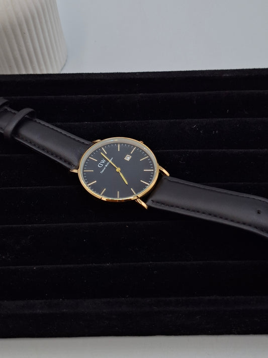 Buy Black/Gold Leather Unisex Wristwatch at ElsaLagos