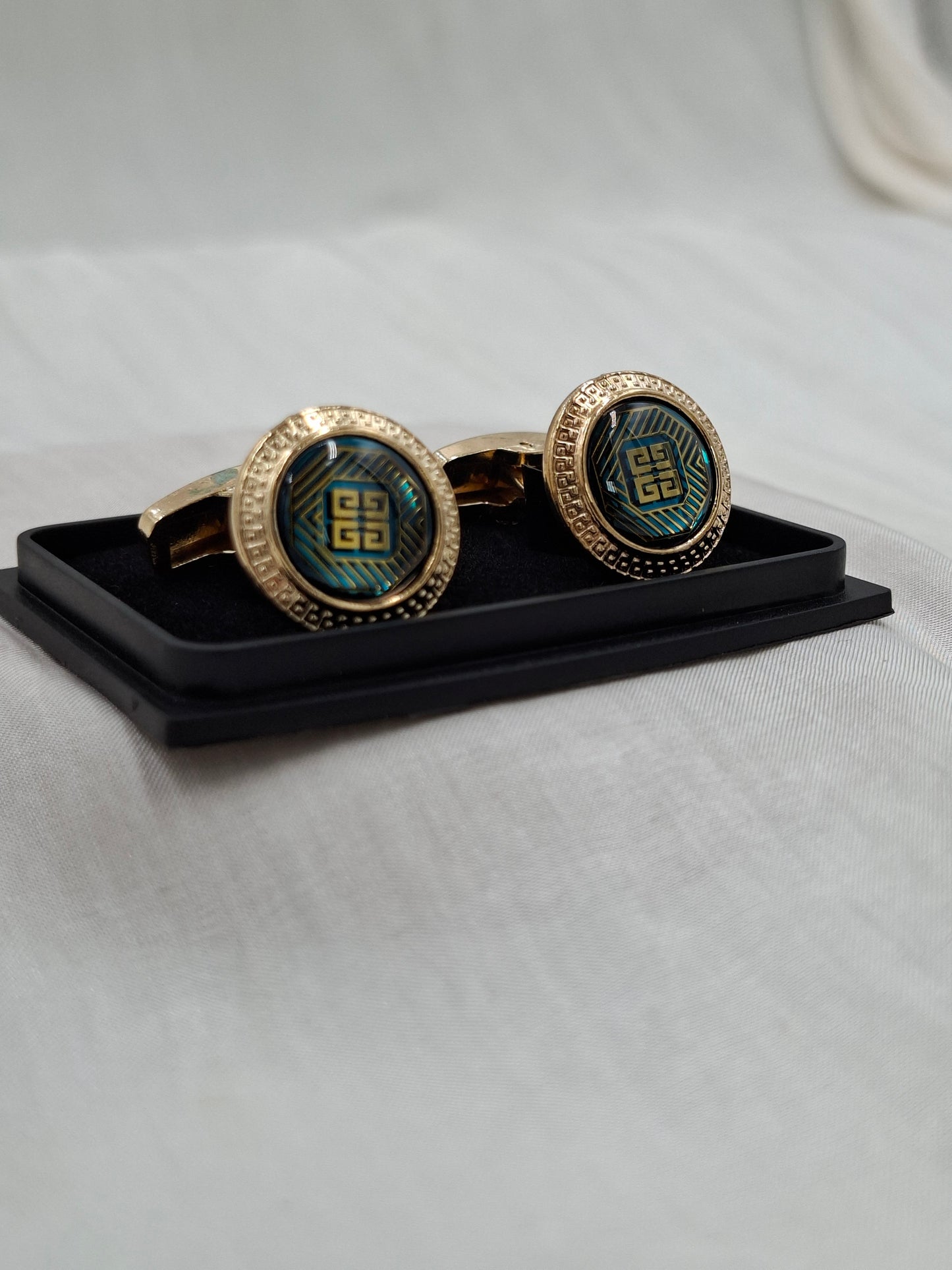 Shop Gold/Teal Round Cufflinks at Elsa Lagos in Nigeria