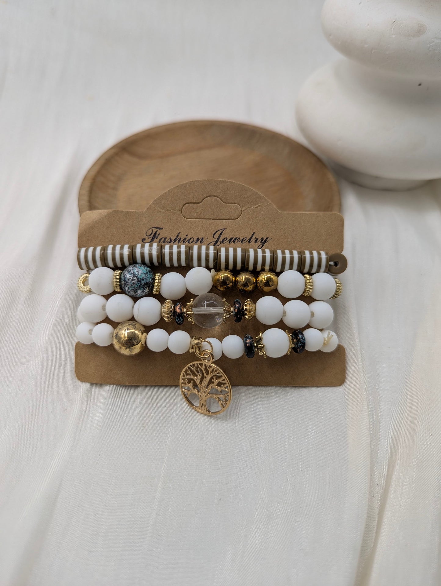 White Bead Bracelet Stack