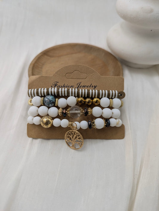 White Bead Bracelet Stack