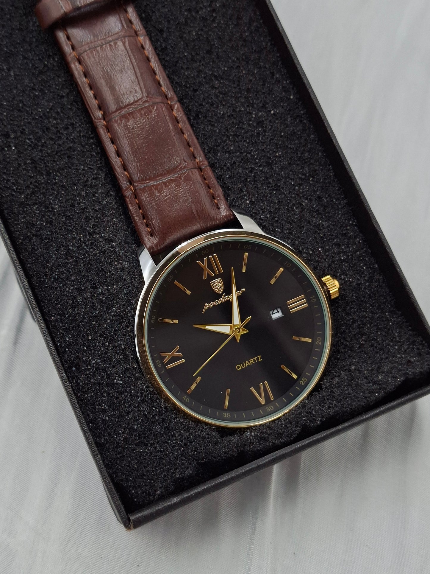 Brown and Silver Leather Poedagar Wristwatch
