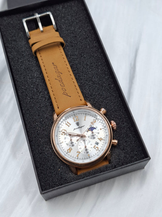 Brown Leather White Face Poedagar Wristwatch
