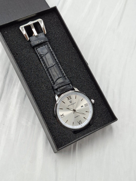 Black and Silver Leather Poedagar Wristwatch