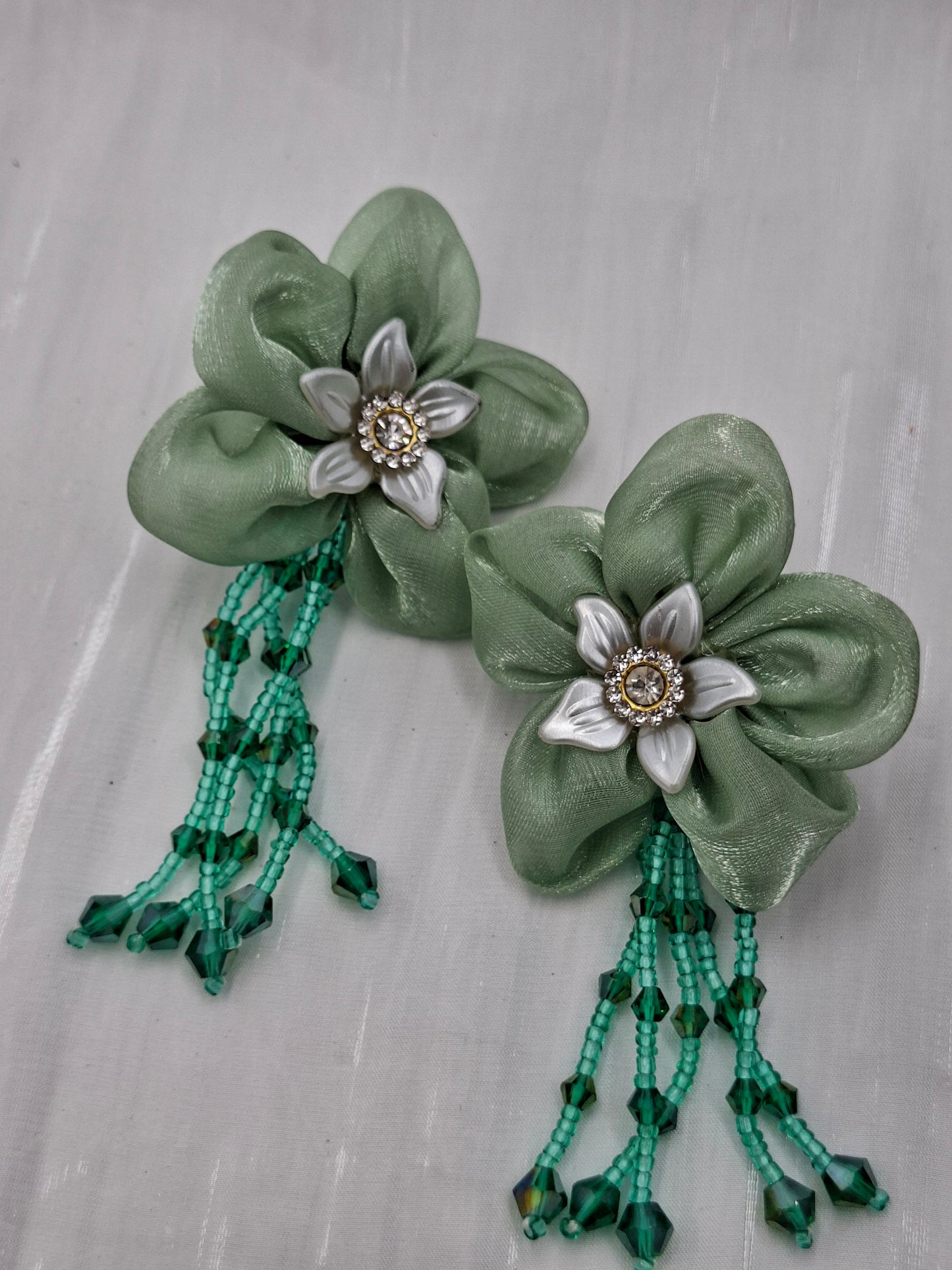 Green Flower Tassel Earrings