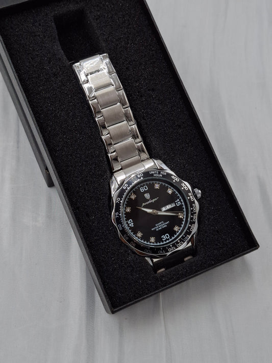 Silver and Black Chain Poedagar Wristwatch