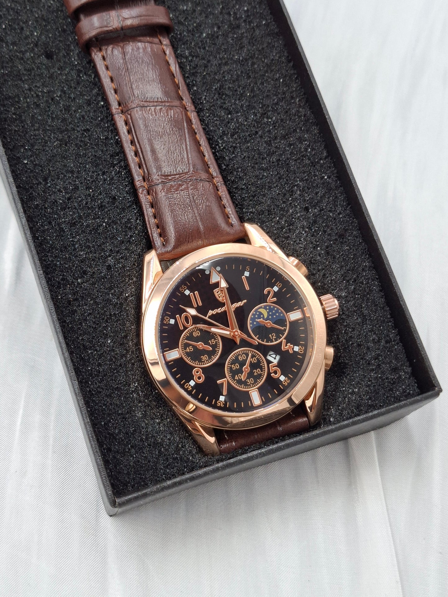 Brown and Rose Gold Leather Poedagar Wristwatch