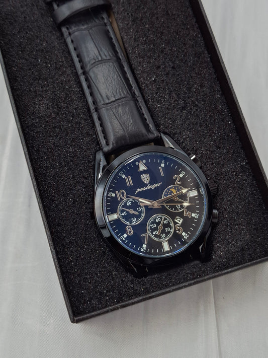 Black and Blue Leather Poedagar Wristwatch
