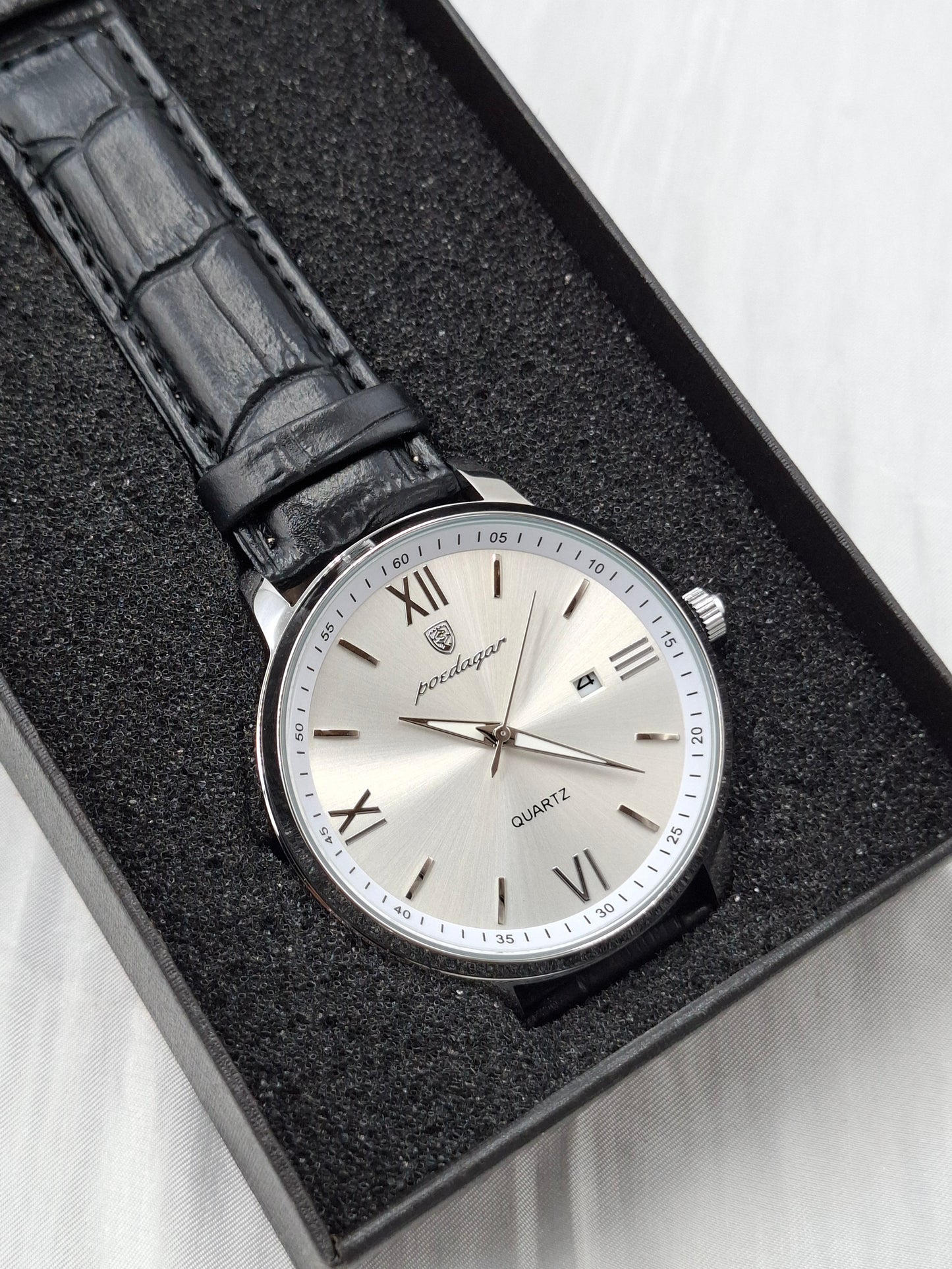 Black and Silver Leather Poedagar Wristwatch