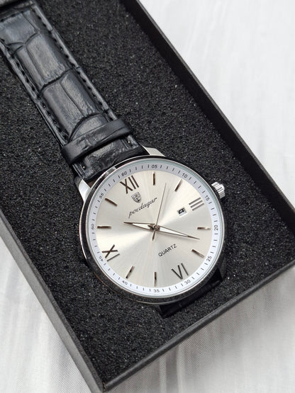 Black and Silver Leather Poedagar Wristwatch