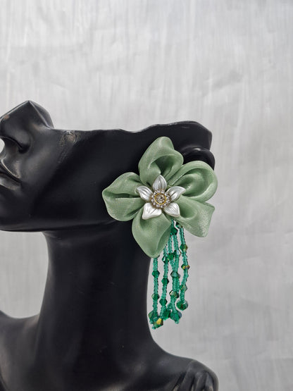 Green Flower Tassel Earrings