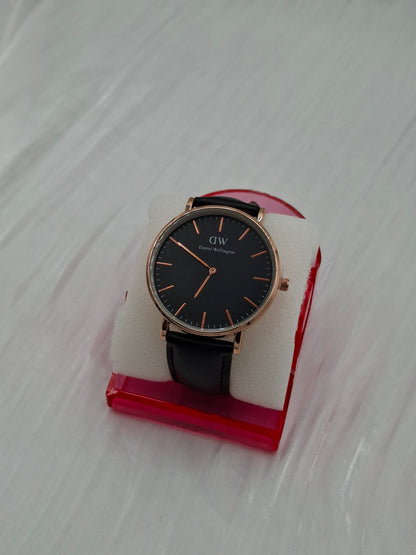 Black and Rose Gold Leather Wristwatch