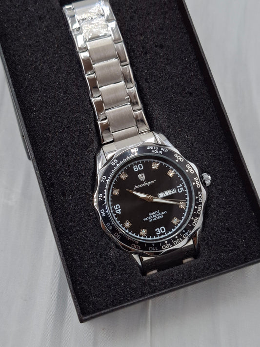 Silver and Black Chain Poedagar Wristwatch