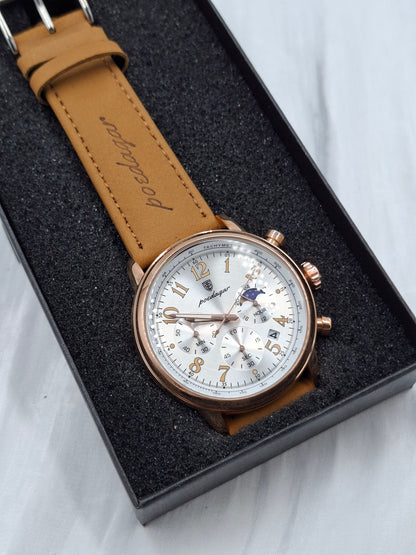 Brown Leather White Face Poedagar Wristwatch