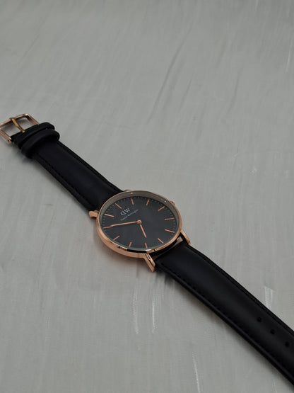 Black and Rose Gold Leather Wristwatch