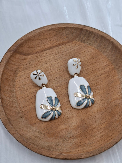 White Flower Enamel Earrings