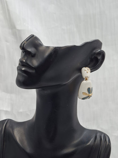 White Flower Enamel Earrings