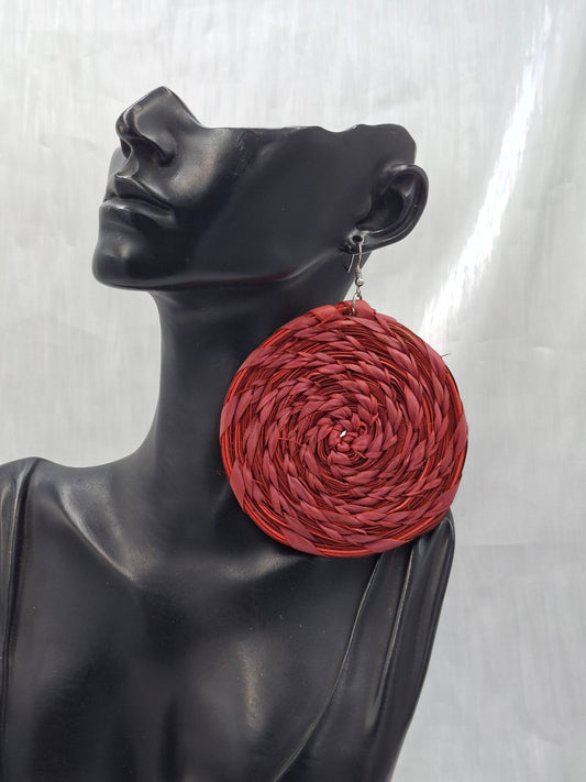 Red Circle Raffia Earrings